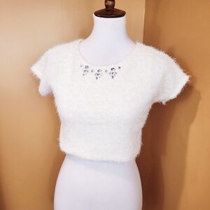 Fuzzy Crop Top with Jeweled Gem Accents